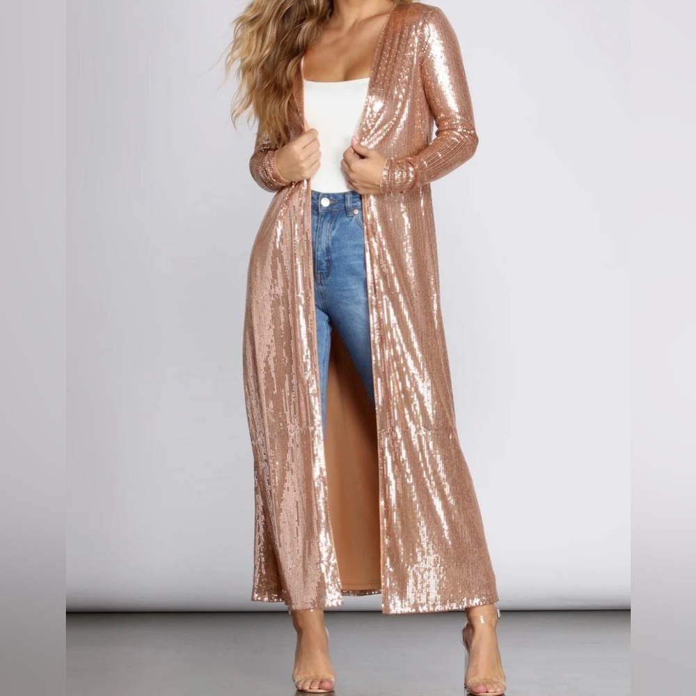 Windsor Sequined Duster Champagne Long Sleeved Cocktail Coat /Jacket Open Front